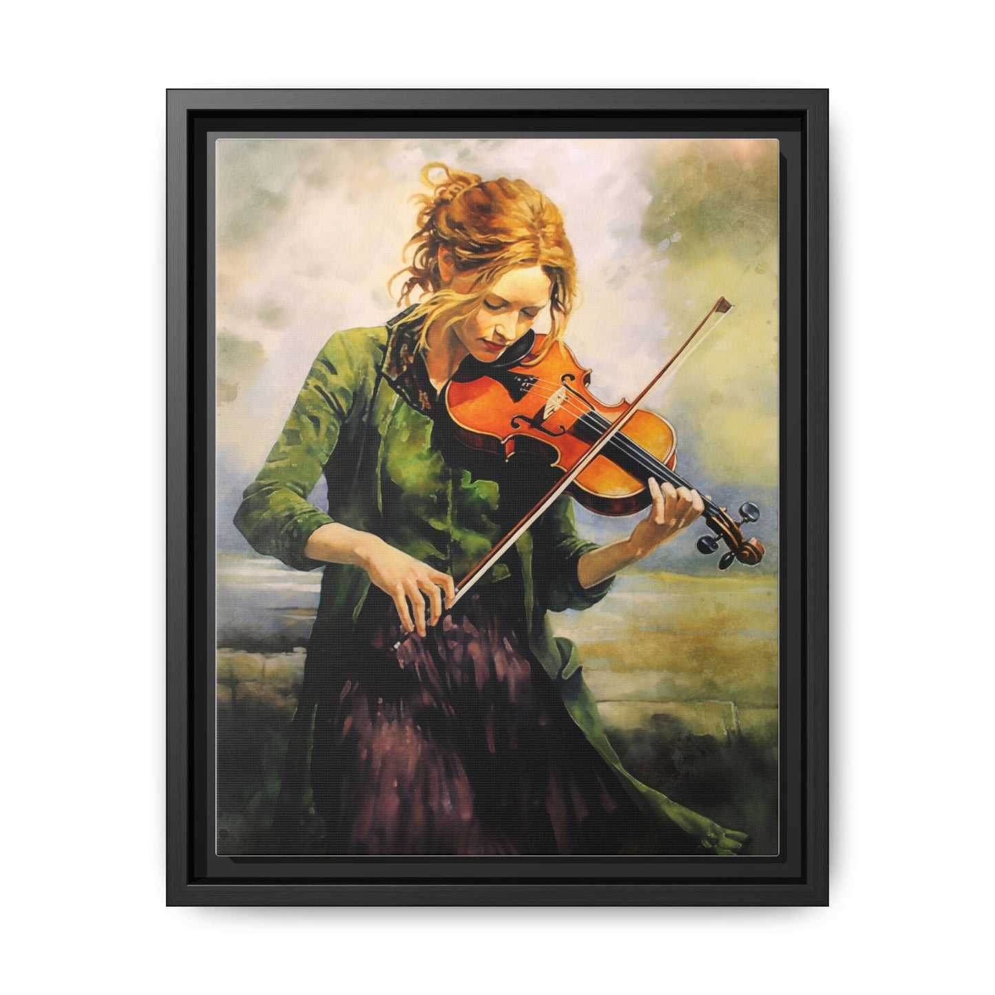 Young Girl with Fiddle wall art featuring a young musician playing the fiddle, printed on high-quality canvas for timeless and elegant décor.