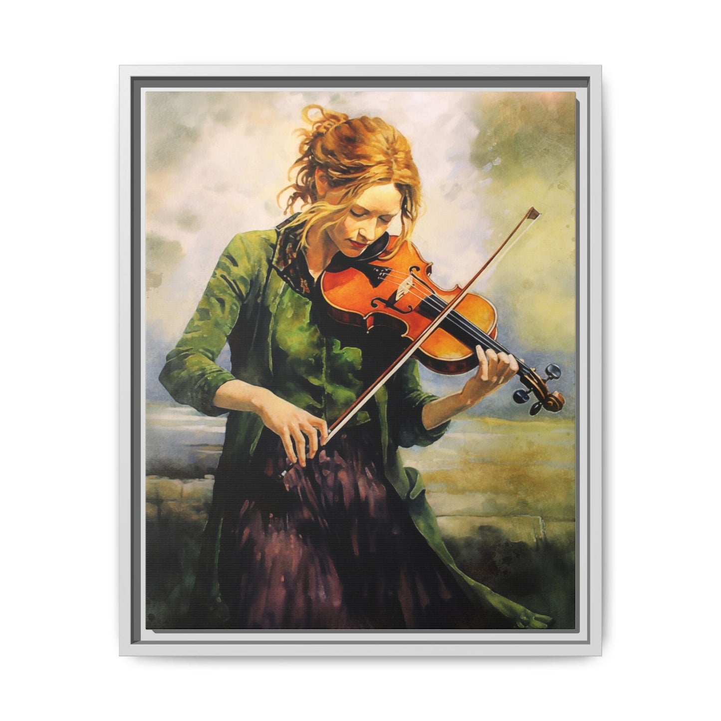 Young Girl with Fiddle wall art featuring a young musician playing the fiddle, printed on high-quality canvas for timeless and elegant décor.