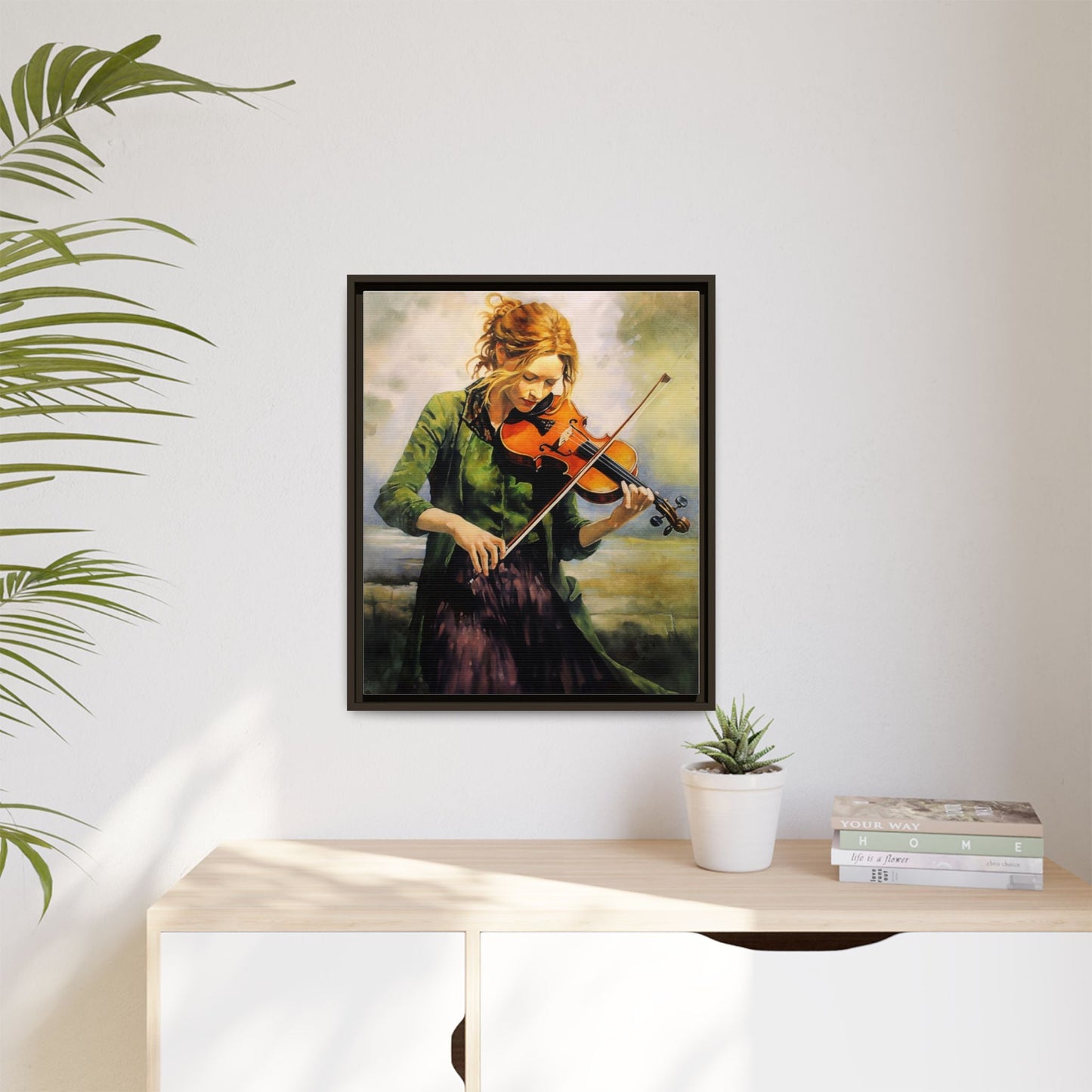 Young Girl with Fiddle wall art featuring a young musician playing the fiddle, printed on high-quality canvas for timeless and elegant décor.