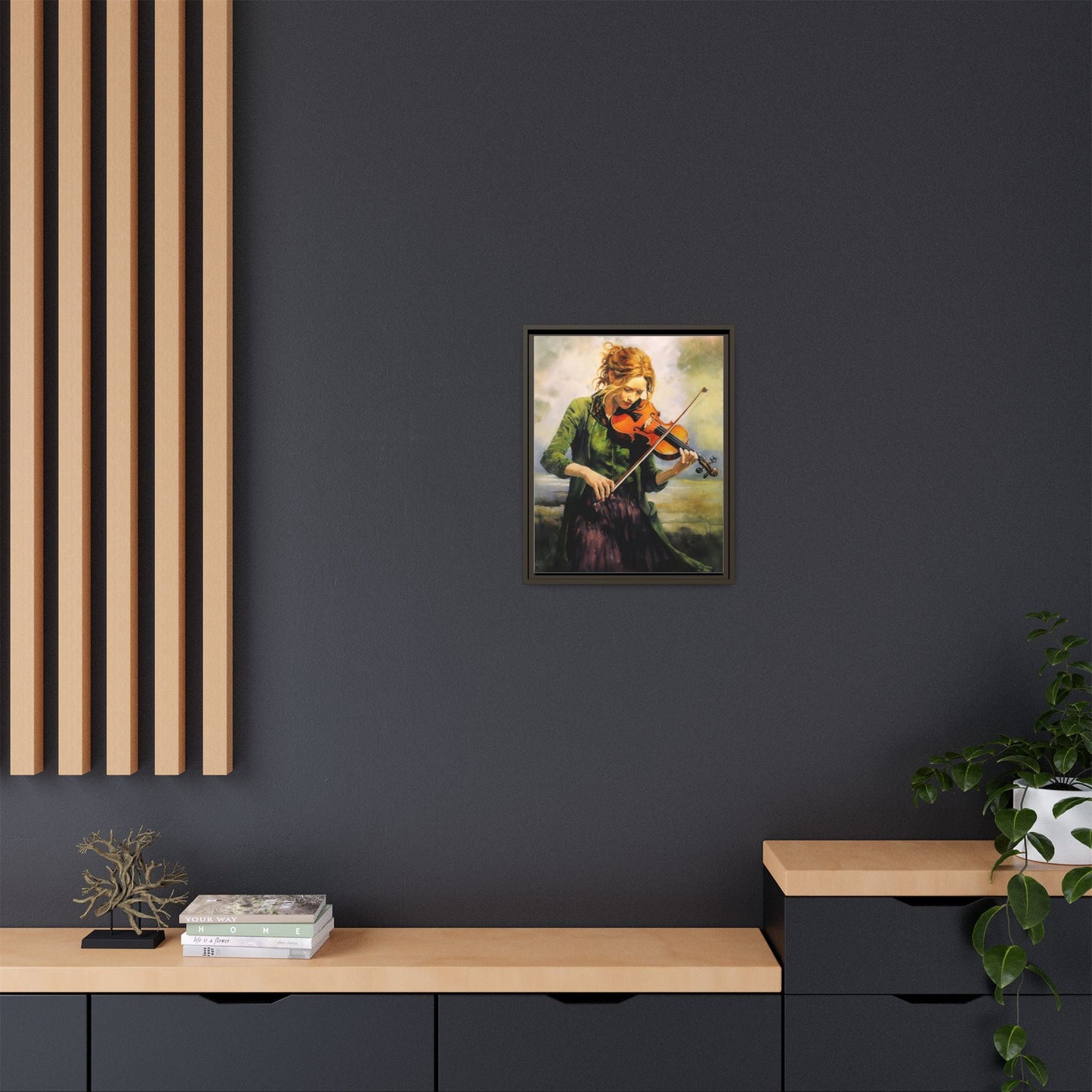 Young Girl with Fiddle wall art featuring a young musician playing the fiddle, printed on high-quality canvas for timeless and elegant décor.