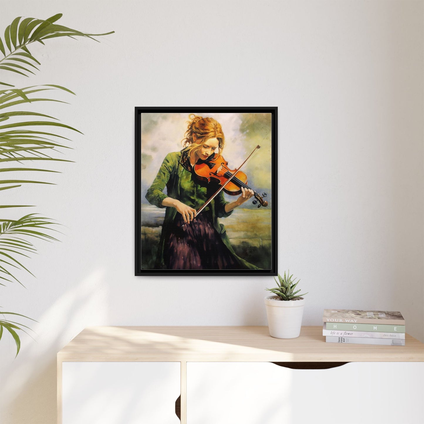 Young Girl with Fiddle wall art featuring a young musician playing the fiddle, printed on high-quality canvas for timeless and elegant décor.