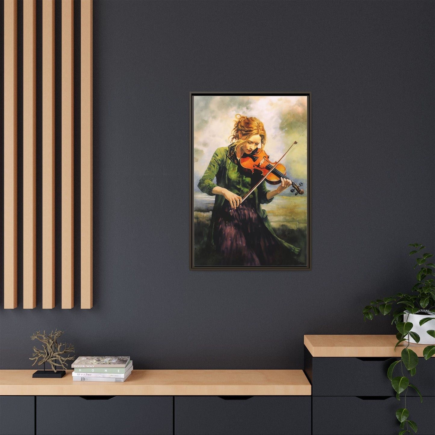 Young Girl with Fiddle wall art featuring a young musician playing the fiddle, printed on high-quality canvas for timeless and elegant décor.