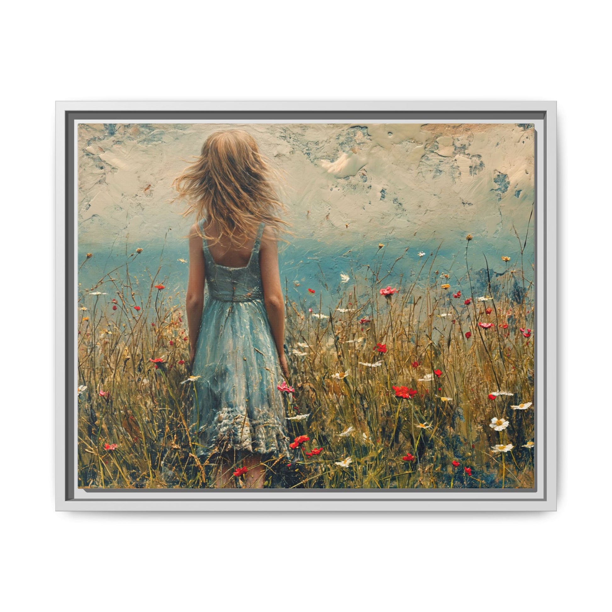 Young Girl Looking Out To Sea wall art, featuring a peaceful ocean view and a young girl in contemplation, printed on high-quality canvas for timeless décor.