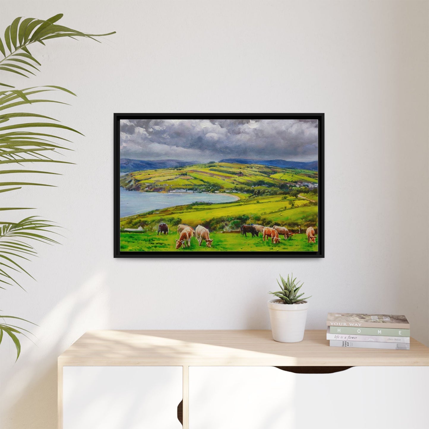 Cushendun Hills wall art showcasing rolling hills and scenic Irish landscapes, framed in high-quality materials for an elegant look.