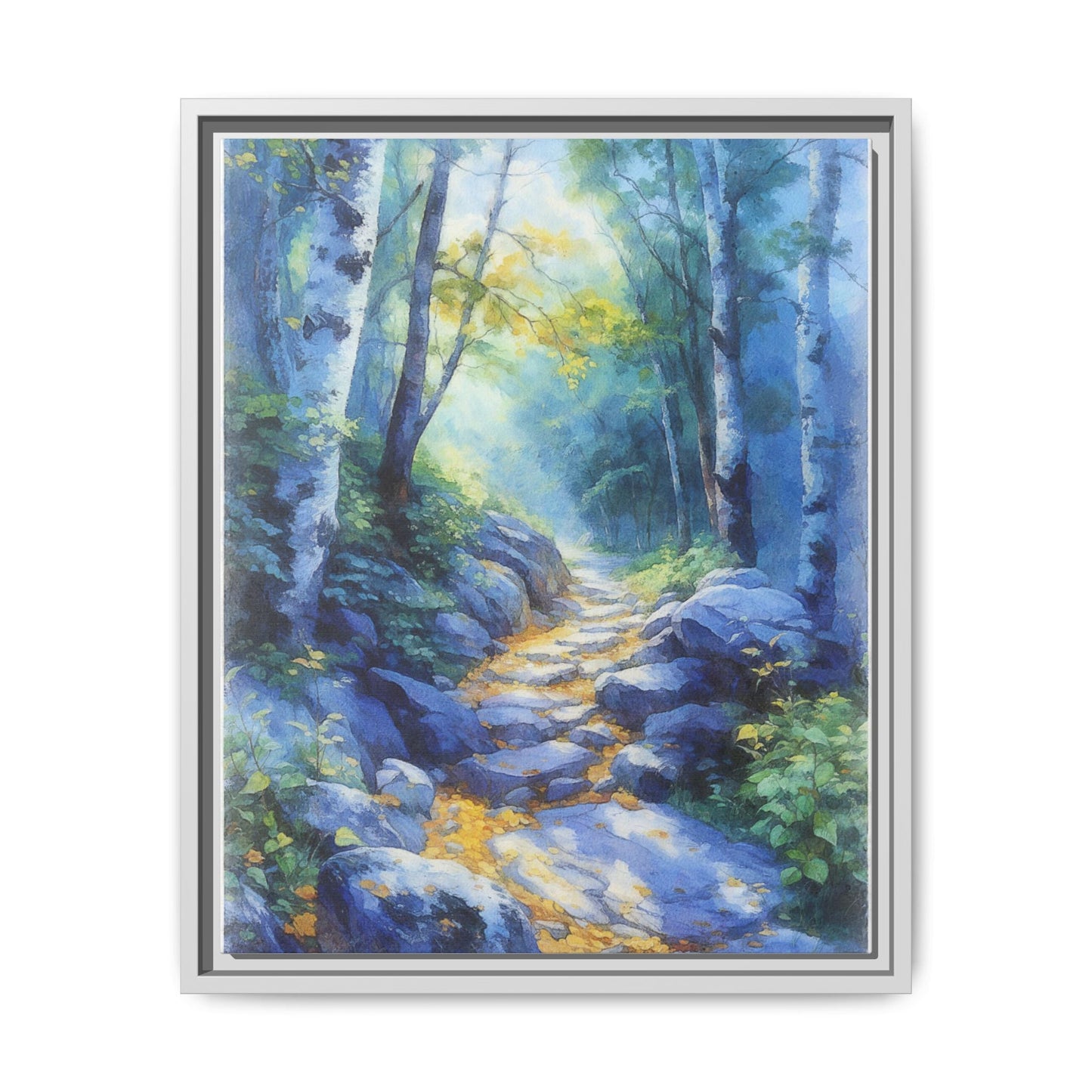 Blue Forest Path II wall art featuring a tranquil forest scene with a serene blue-toned path, printed on high-quality canvas for timeless décor.