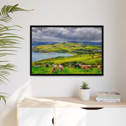 Cushendon Hills wall art showcasing rolling hills and scenic Irish landscapes, framed in high-quality materials for an elegant look.