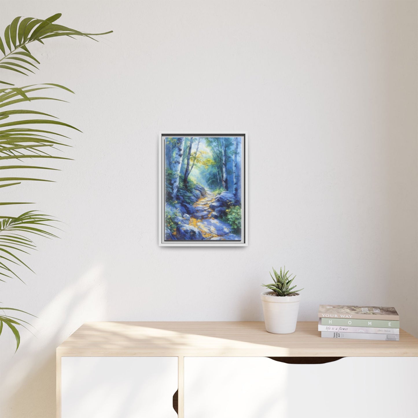 Blue Forest Path II wall art featuring a tranquil forest scene with a serene blue-toned path, printed on high-quality canvas for timeless décor.