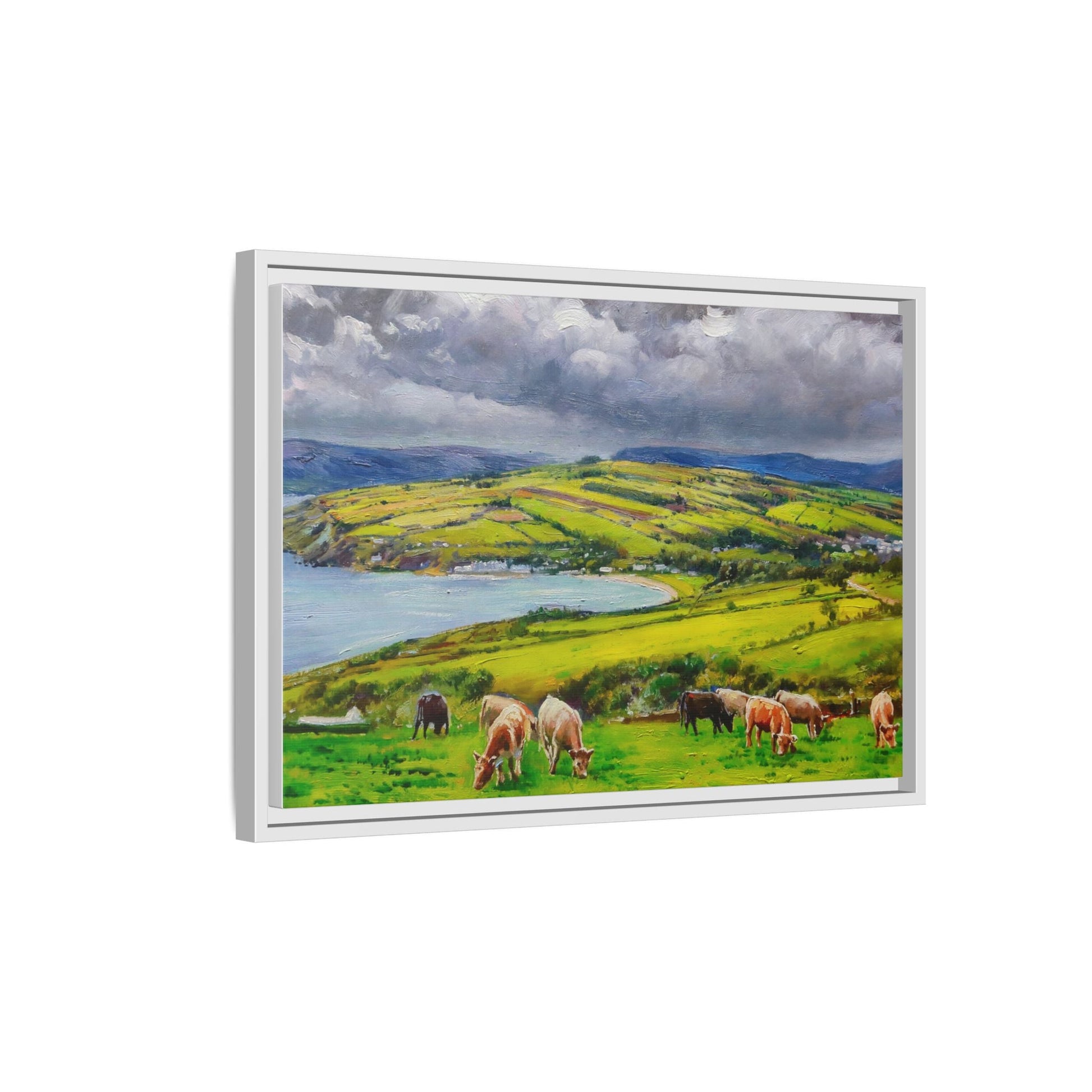 Cushendon Hills wall art showcasing rolling hills and scenic Irish landscapes, framed in high-quality materials for an elegant look.