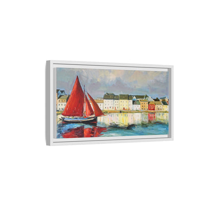 Galway Hooker Leaving Port wall art featuring a Galway Hooker boat sailing in a coastal scene, printed on high-quality canvas with a premium frame.