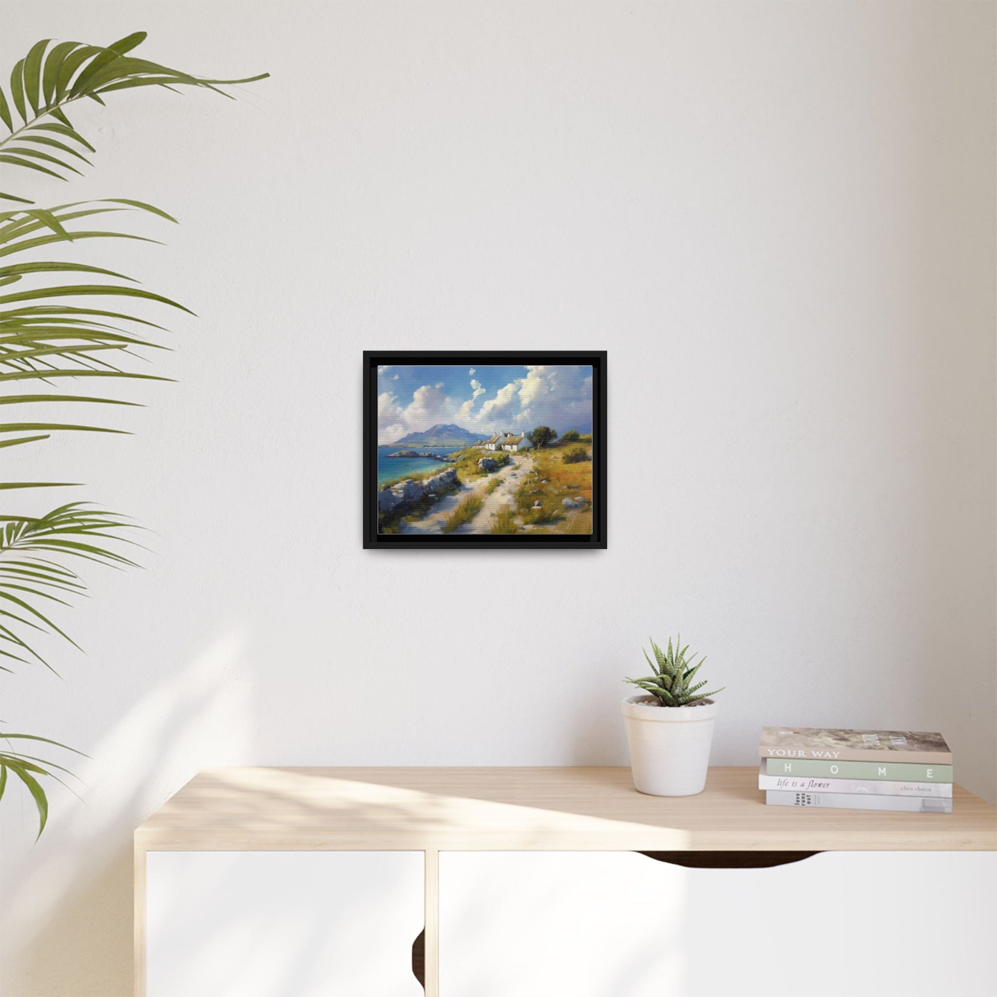 Blustery Day wall art featuring a dramatic wind-swept landscape in a pinewood frame.