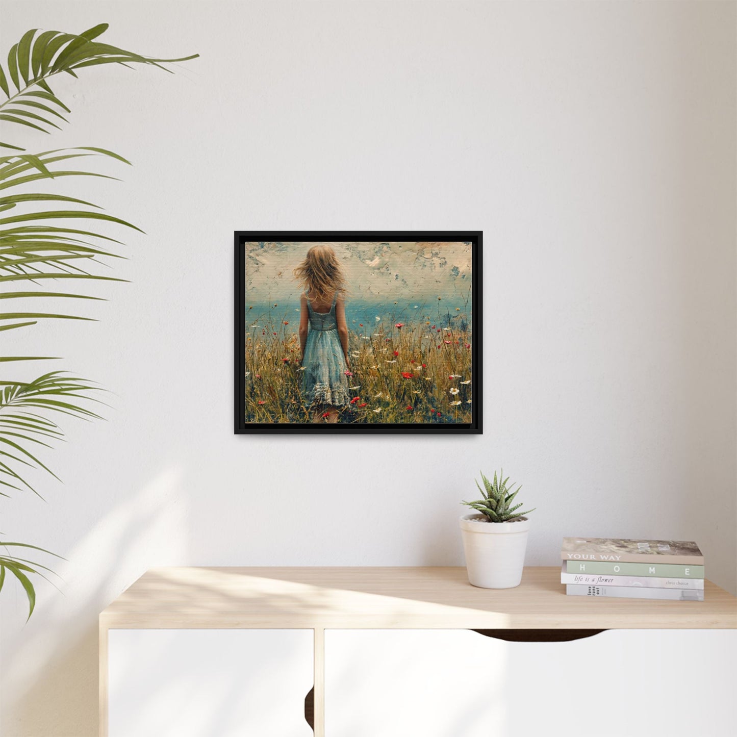 Young Girl Looking Out To Sea wall art, featuring a peaceful ocean view and a young girl in contemplation, printed on high-quality canvas for timeless décor.