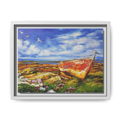 Large seagull perched on a wooden post, gazing over the ocean, framed in premium pinewood for a timeless and elegant décor piece.