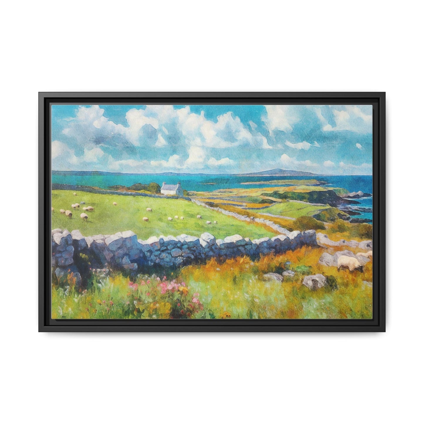 Far Flung Shores W.COL wall art featuring a serene coastal landscape, printed on high-quality canvas with a premium pinewood frame.