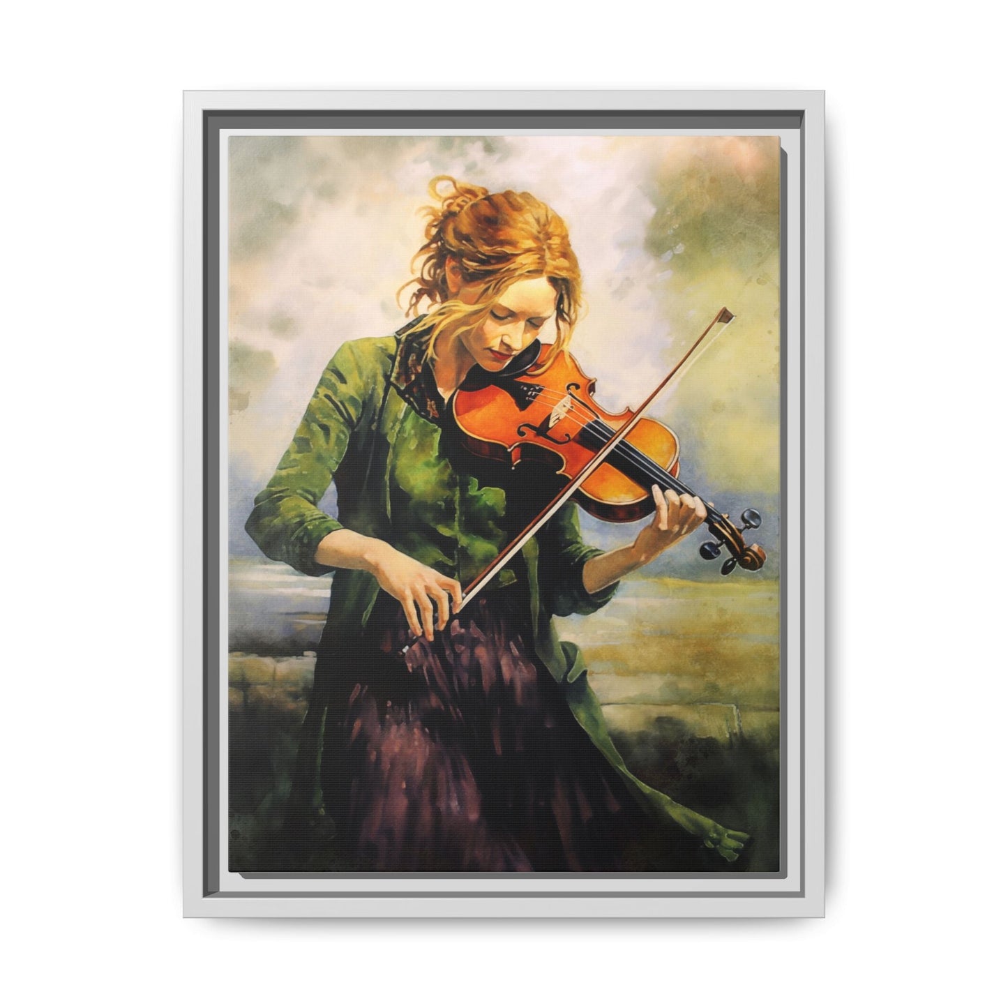 Young Girl with Fiddle wall art featuring a young musician playing the fiddle, printed on high-quality canvas for timeless and elegant décor.