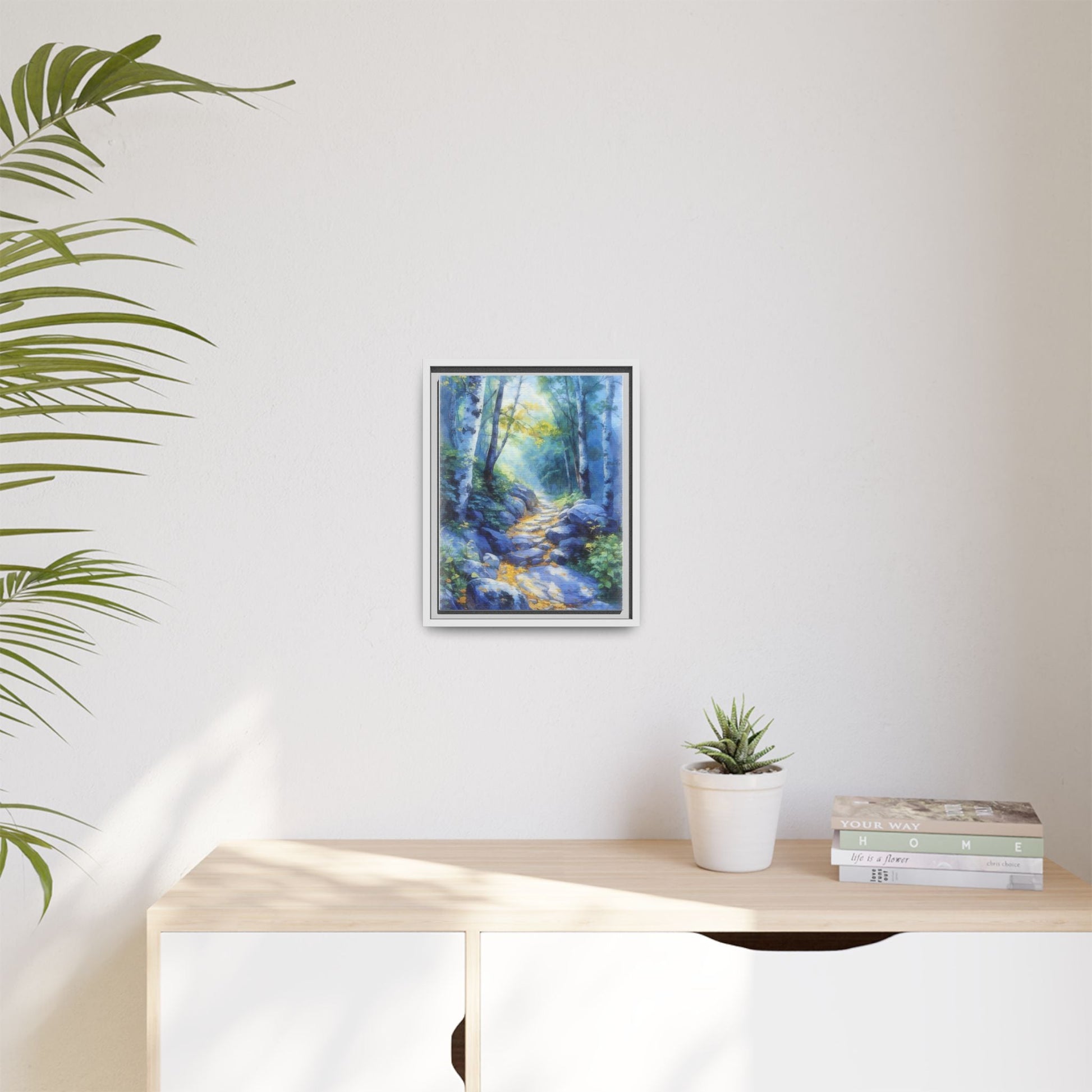 Blue Forest Path II wall art featuring a tranquil forest scene with a serene blue-toned path, printed on high-quality canvas for timeless décor.