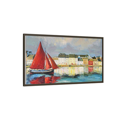 Galway Hooker Leaving Port wall art featuring a Galway Hooker boat sailing in a coastal scene, printed on high-quality canvas with a premium frame.