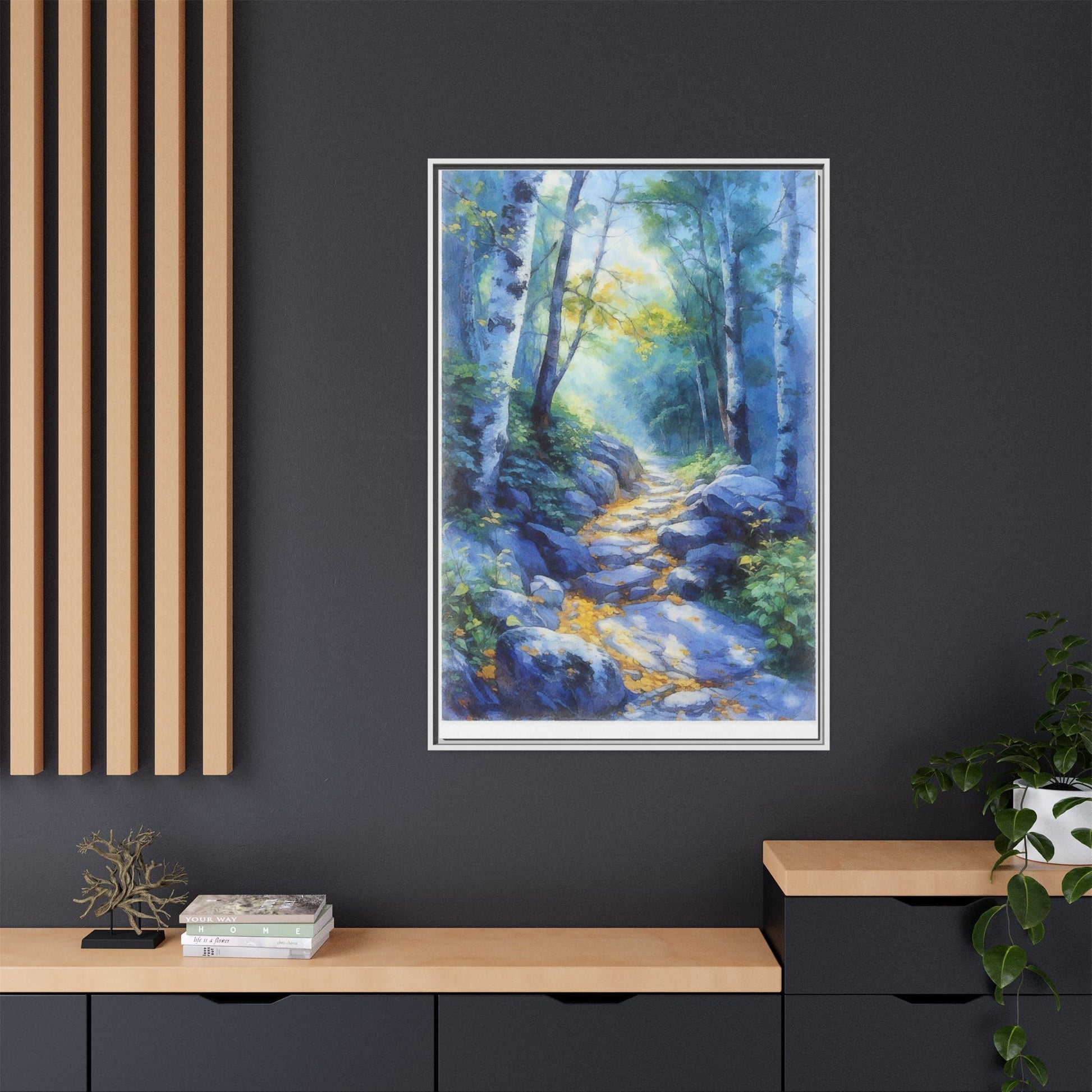 Blue Forest Path II wall art featuring a tranquil forest scene with a serene blue-toned path, printed on high-quality canvas for timeless décor.