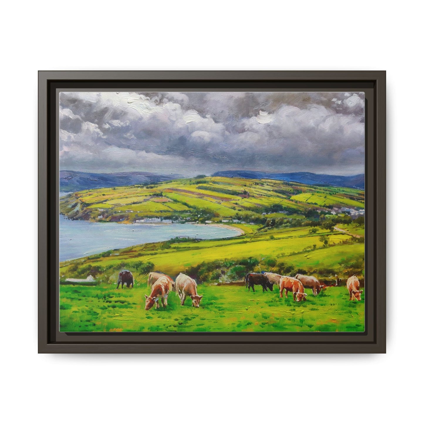 Cushendun Hills wall art showcasing rolling hills and scenic Irish landscapes, framed in high-quality materials for an elegant look.