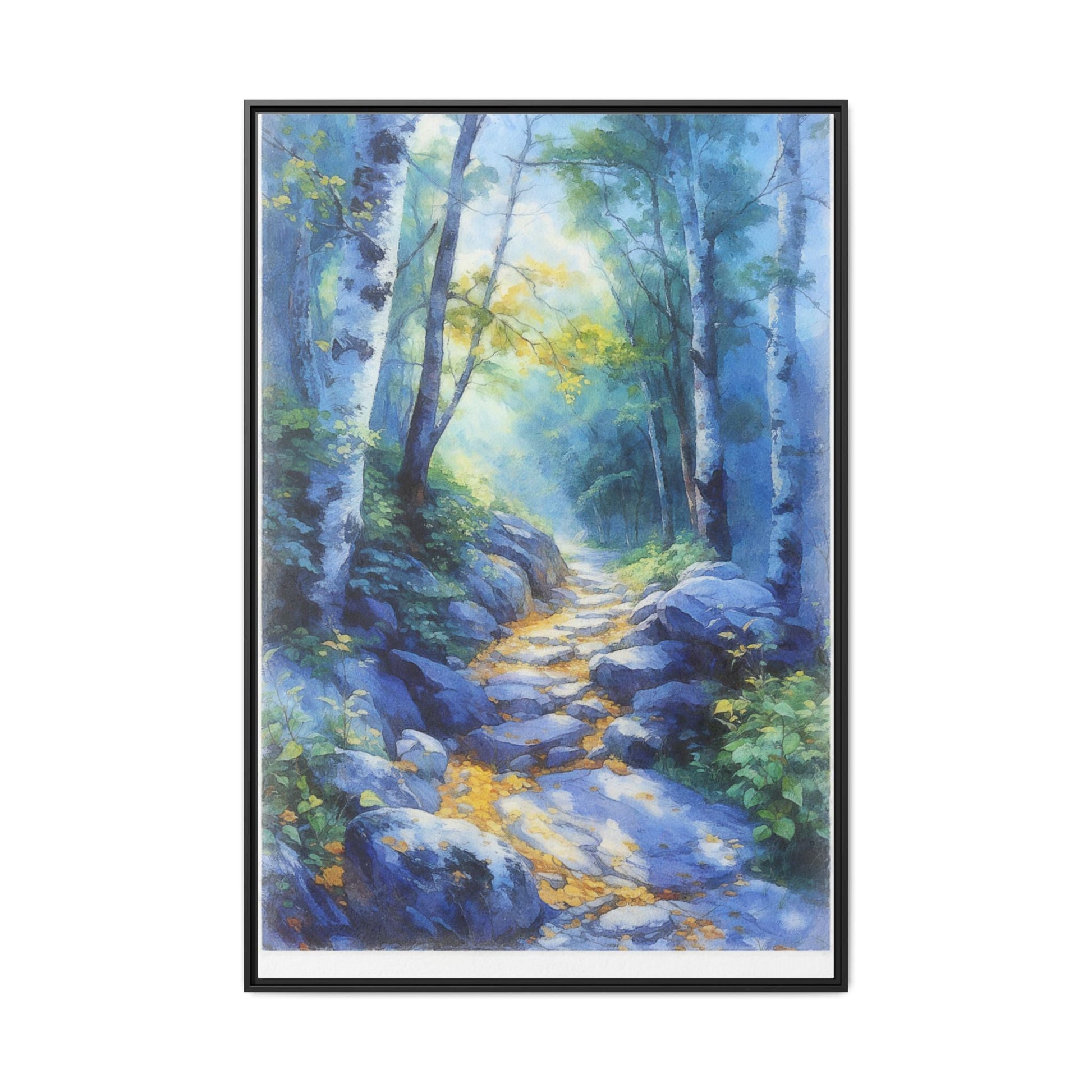 Blue Forest Path II wall art featuring a tranquil forest scene with a serene blue-toned path, printed on high-quality canvas for timeless décor.