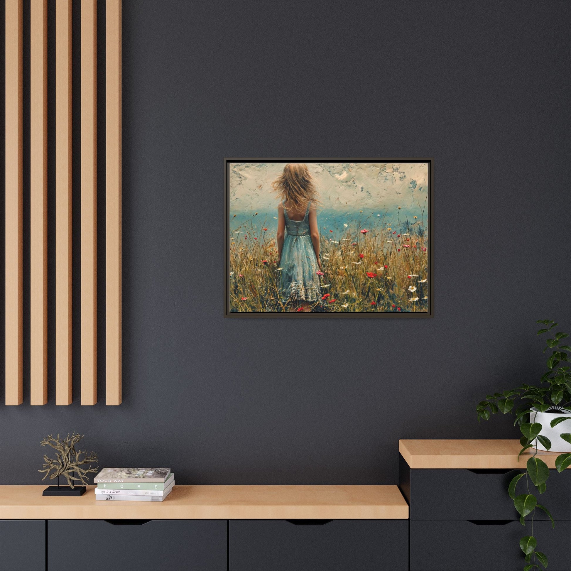 Young Girl Looking Out To Sea wall art, featuring a peaceful ocean view and a young girl in contemplation, printed on high-quality canvas for timeless décor.