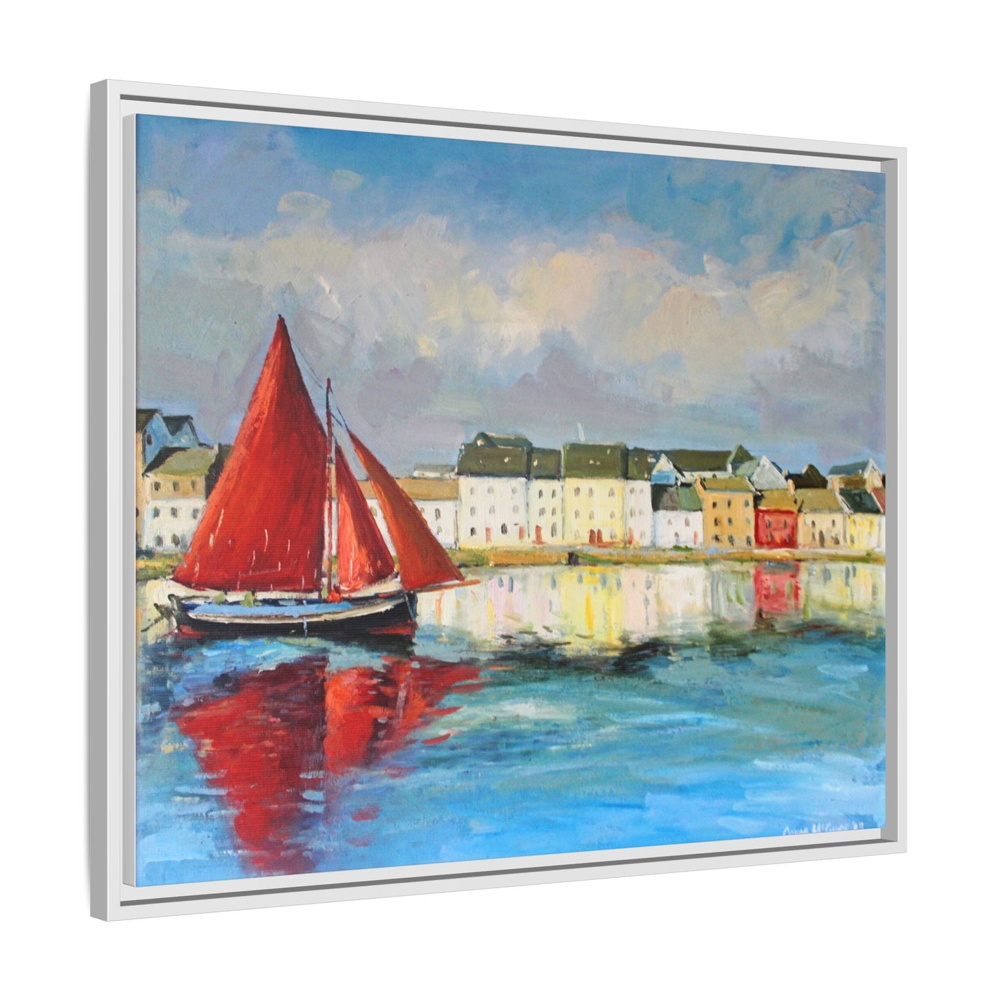 Galway Hooker Leaving Port wall art featuring a Galway Hooker boat sailing in a coastal scene, printed on high-quality canvas with a premium frame.