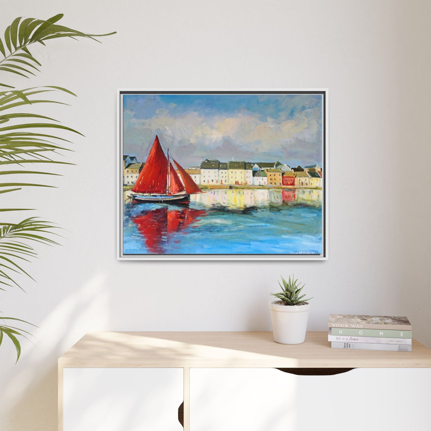 Galway Hooker Leaving Port wall art featuring a Galway Hooker boat sailing in a coastal scene, printed on high-quality canvas with a premium frame.