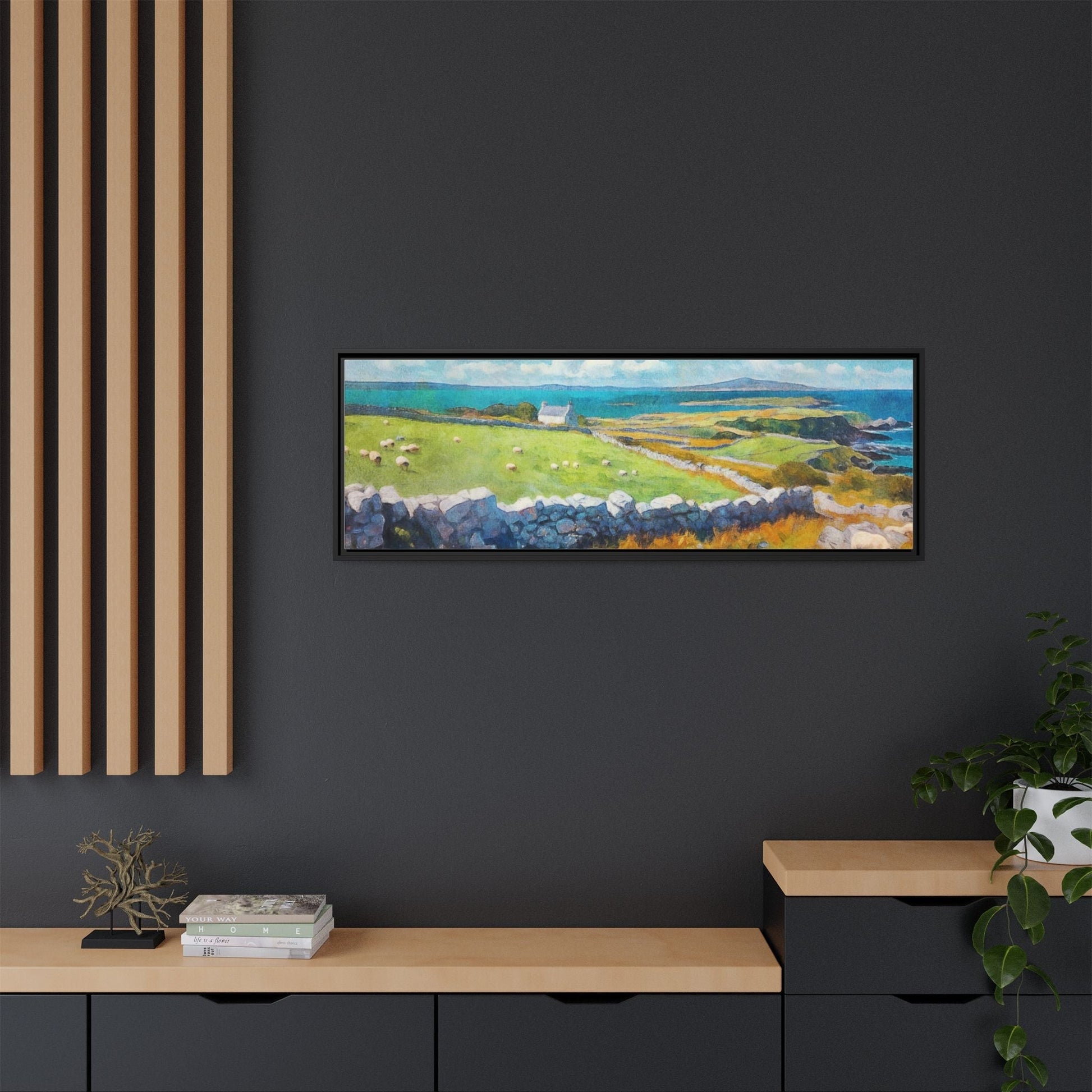 Far Flung Shores W.COL wall art featuring a serene coastal landscape, printed on high-quality canvas with a premium pinewood frame.