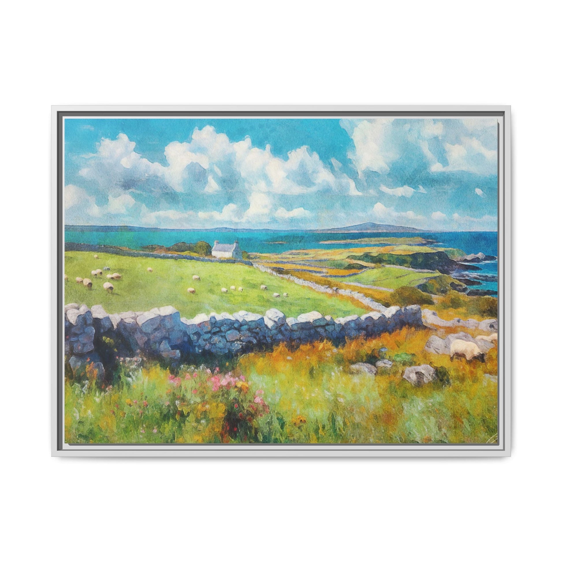 Far Flung Shores W.COL wall art featuring a serene coastal landscape, printed on high-quality canvas with a premium pinewood frame.