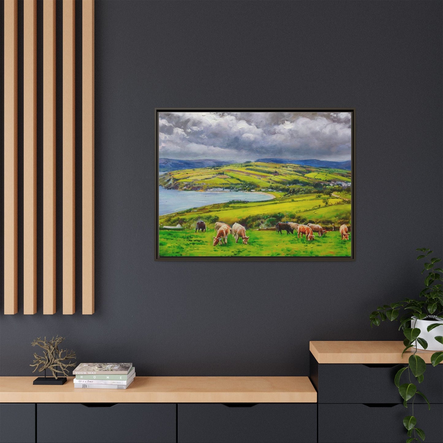 Cushendon Hills wall art showcasing rolling hills and scenic Irish landscapes, framed in high-quality materials for an elegant look.