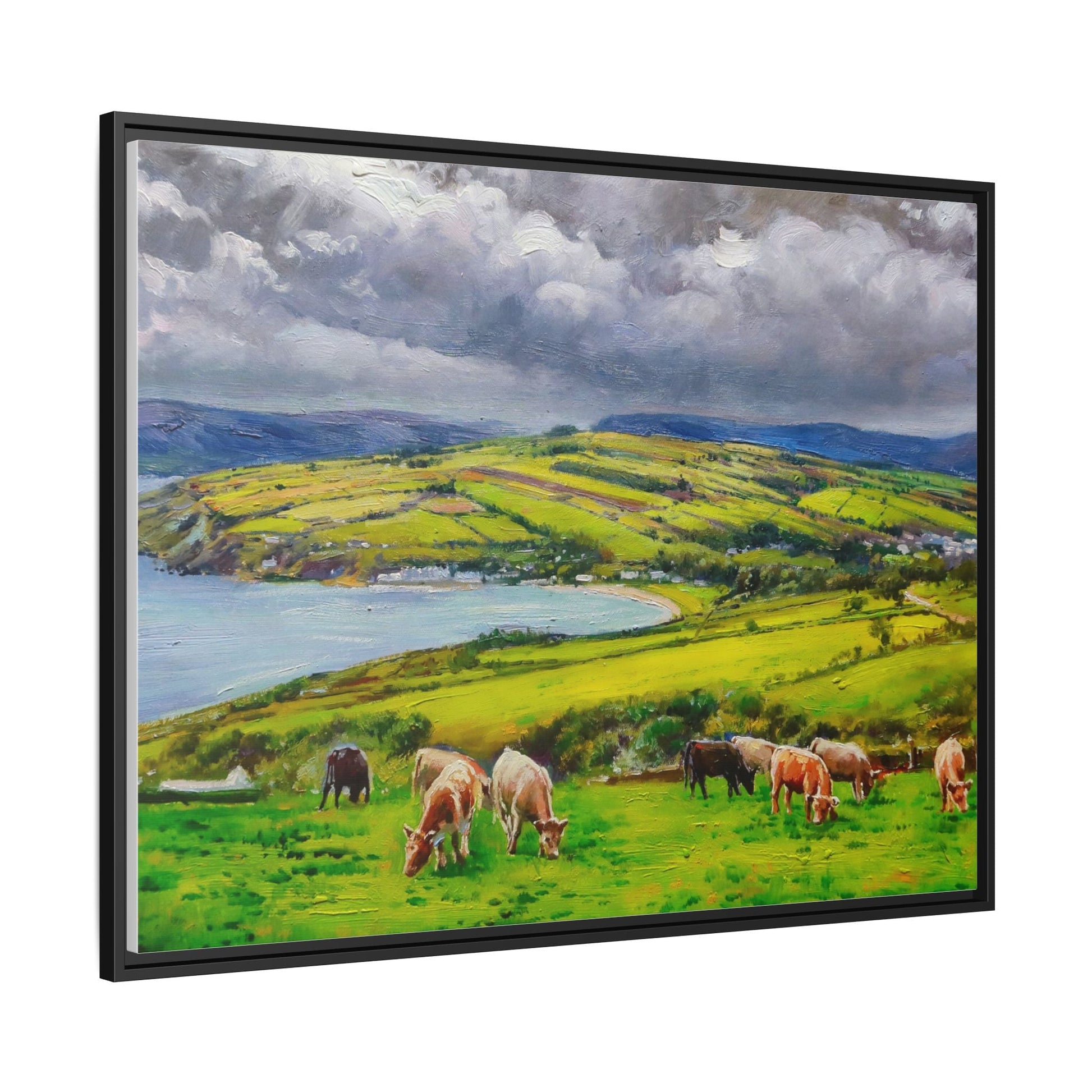 Cushendon Hills wall art showcasing rolling hills and scenic Irish landscapes, framed in high-quality materials for an elegant look.