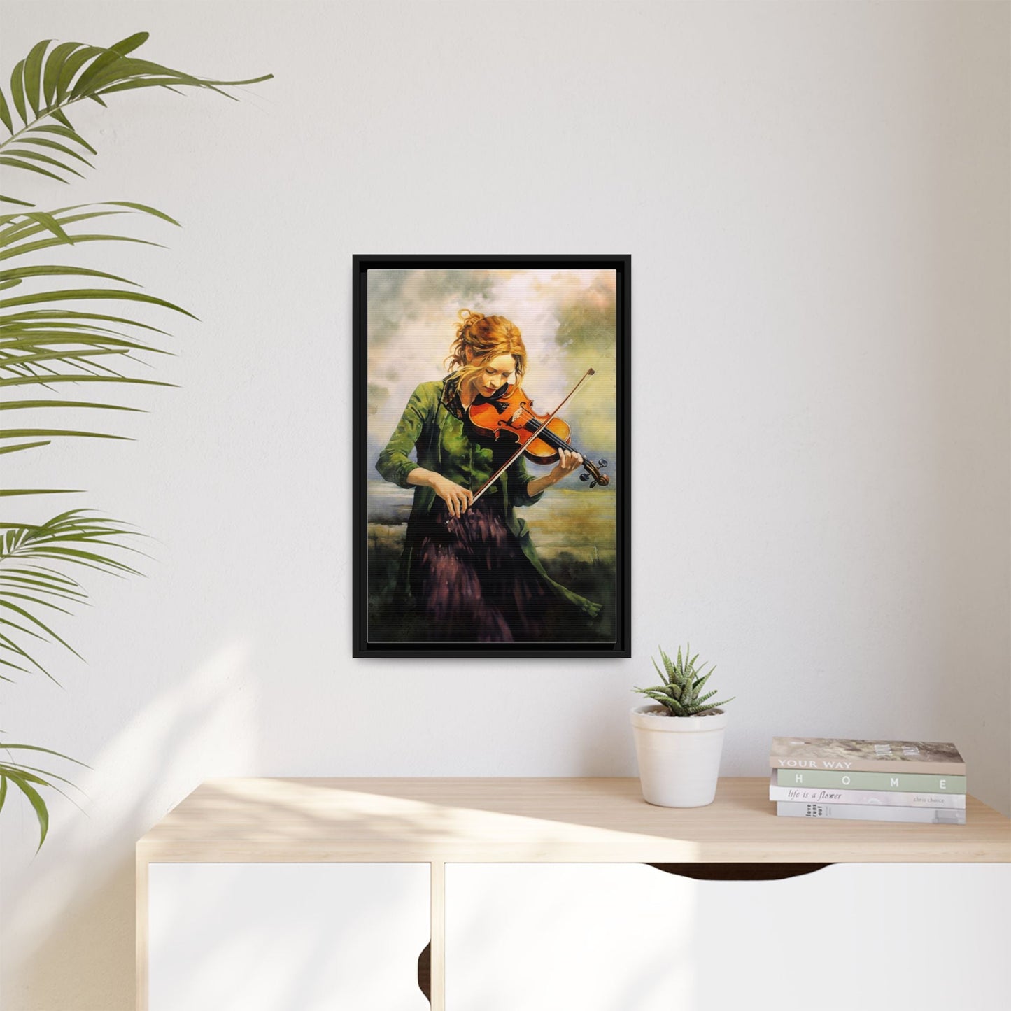 Young Girl with Fiddle wall art featuring a young musician playing the fiddle, printed on high-quality canvas for timeless and elegant décor.