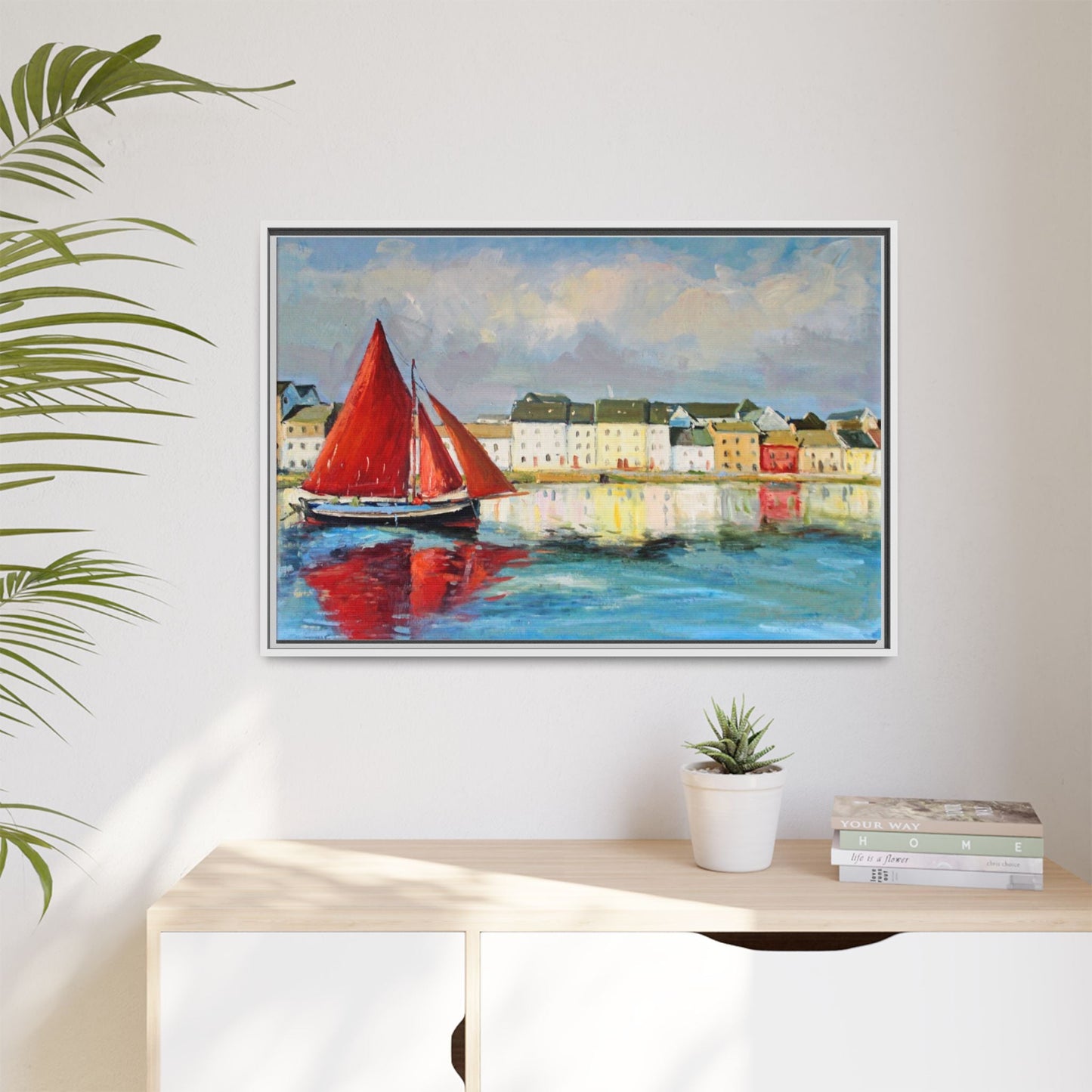 Galway Hooker Leaving Port wall art featuring a Galway Hooker boat sailing in a coastal scene, printed on high-quality canvas with a premium frame.