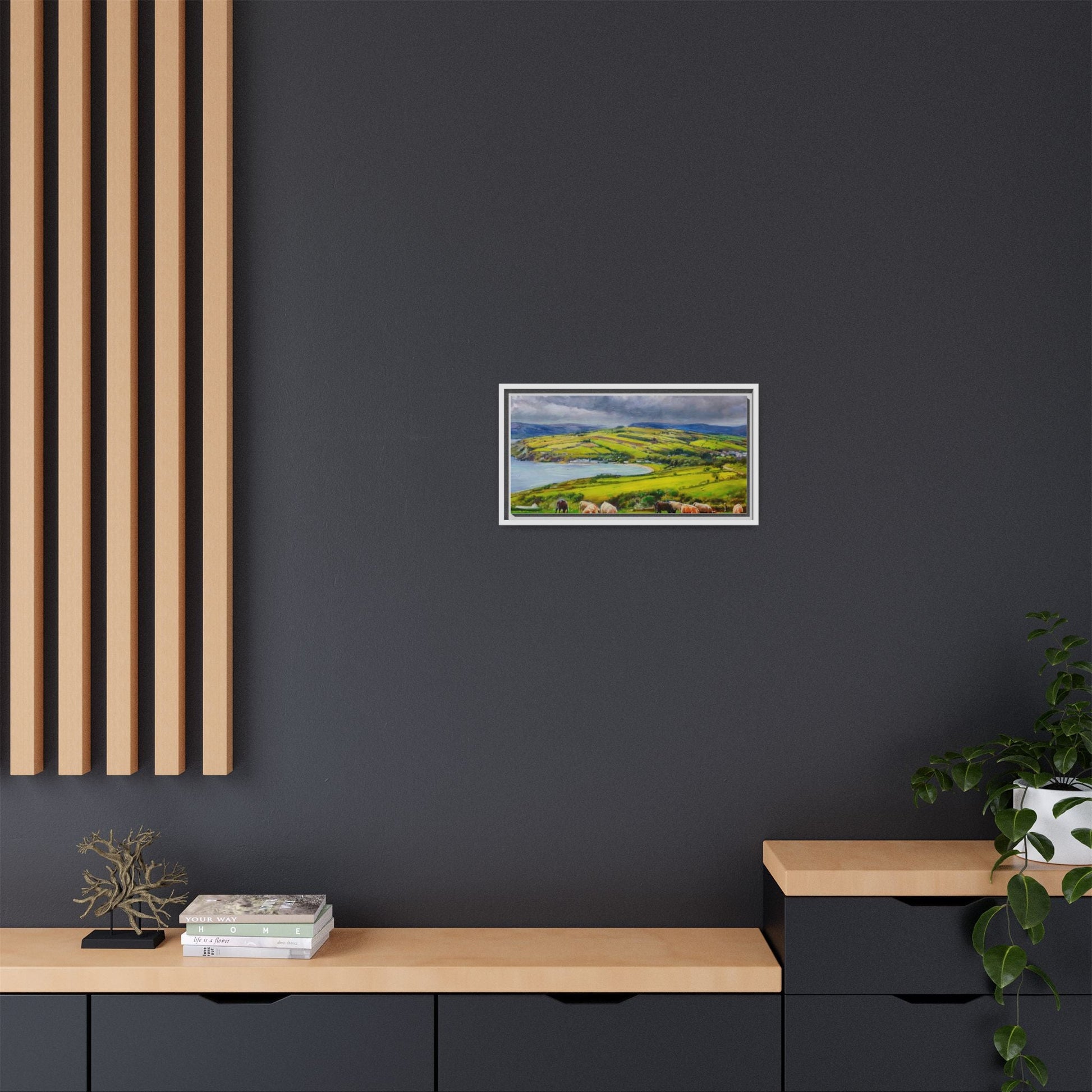 Cushendon Hills wall art showcasing rolling hills and scenic Irish landscapes, framed in high-quality materials for an elegant look.