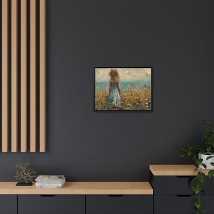 Young Girl Looking Out To Sea wall art, featuring a peaceful ocean view and a young girl in contemplation, printed on high-quality canvas for timeless décor.