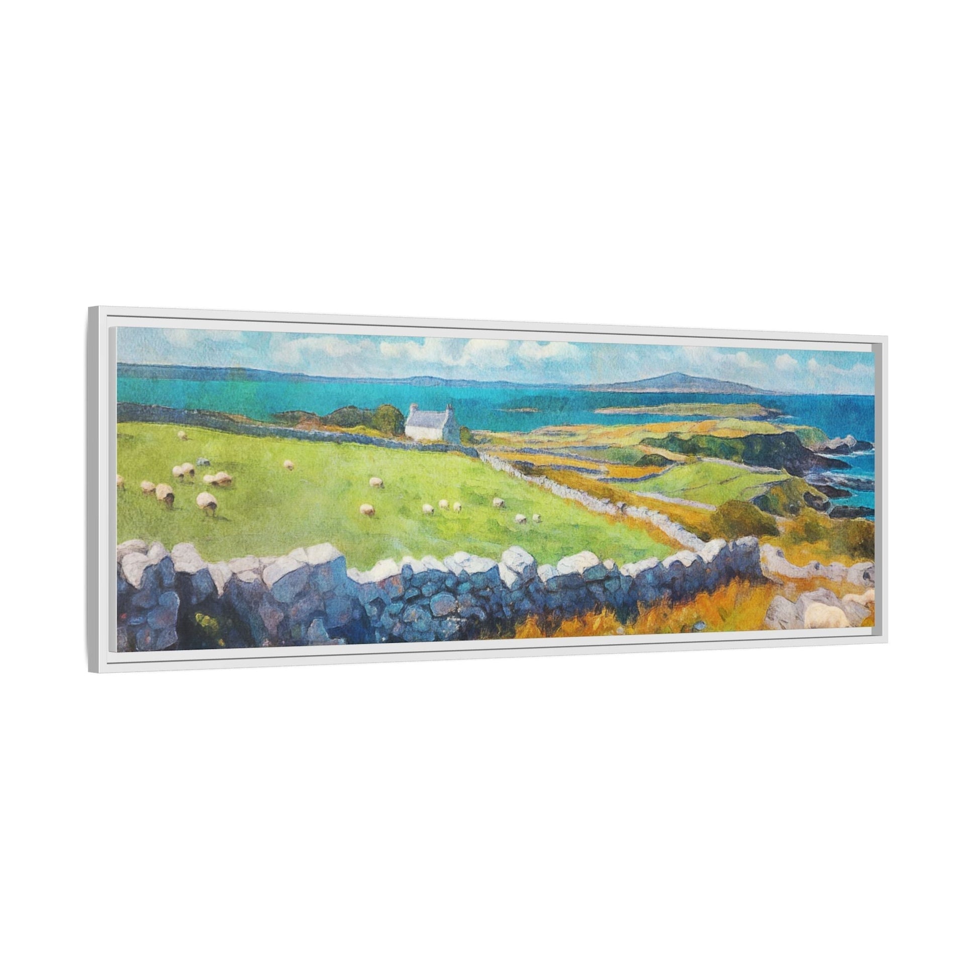 Far Flung Shores W.COL wall art featuring a serene coastal landscape, printed on high-quality canvas with a premium pinewood frame.