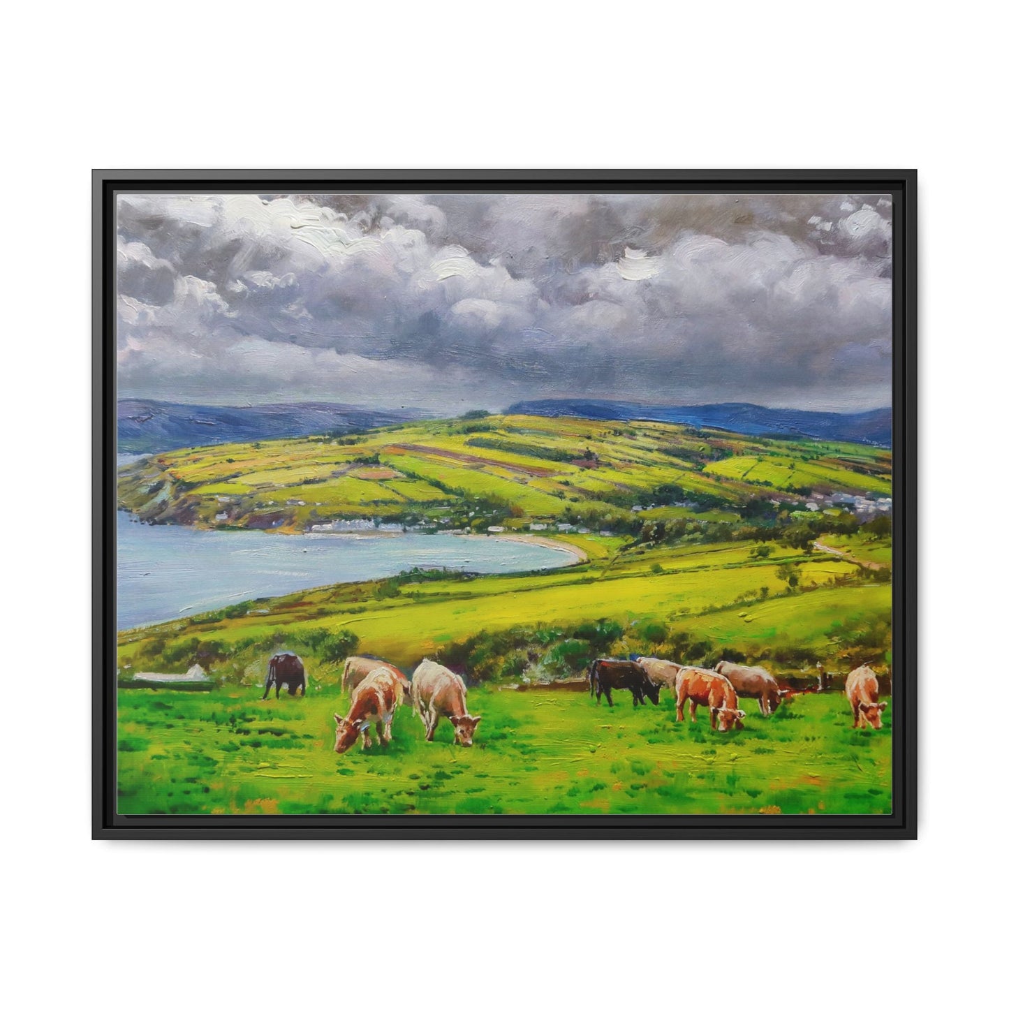 Cushendon Hills wall art showcasing rolling hills and scenic Irish landscapes, framed in high-quality materials for an elegant look.