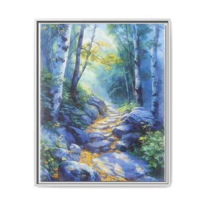 Blue Forest Path II wall art featuring a tranquil forest scene with a serene blue-toned path, printed on high-quality canvas for timeless décor.