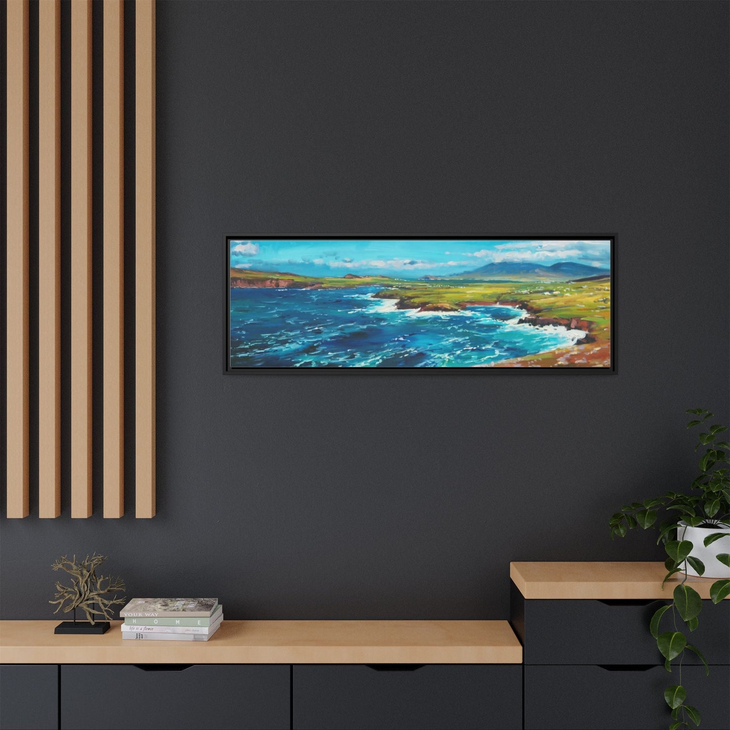 Dingle Peninsula wall art featuring a scenic view of Ireland's rugged coastline, printed on high-quality canvas with a premium frame.