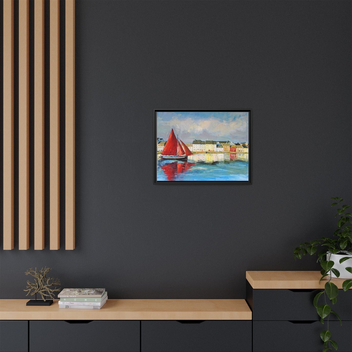 Galway Hooker Leaving Port wall art featuring a Galway Hooker boat sailing in a coastal scene, printed on high-quality canvas with a premium frame.