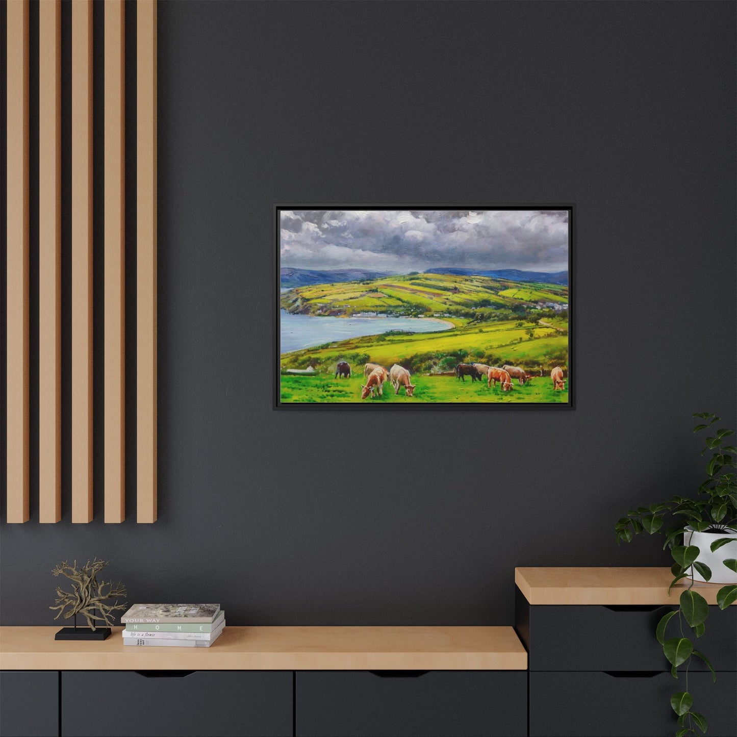 Cushendon Hills wall art showcasing rolling hills and scenic Irish landscapes, framed in high-quality materials for an elegant look.