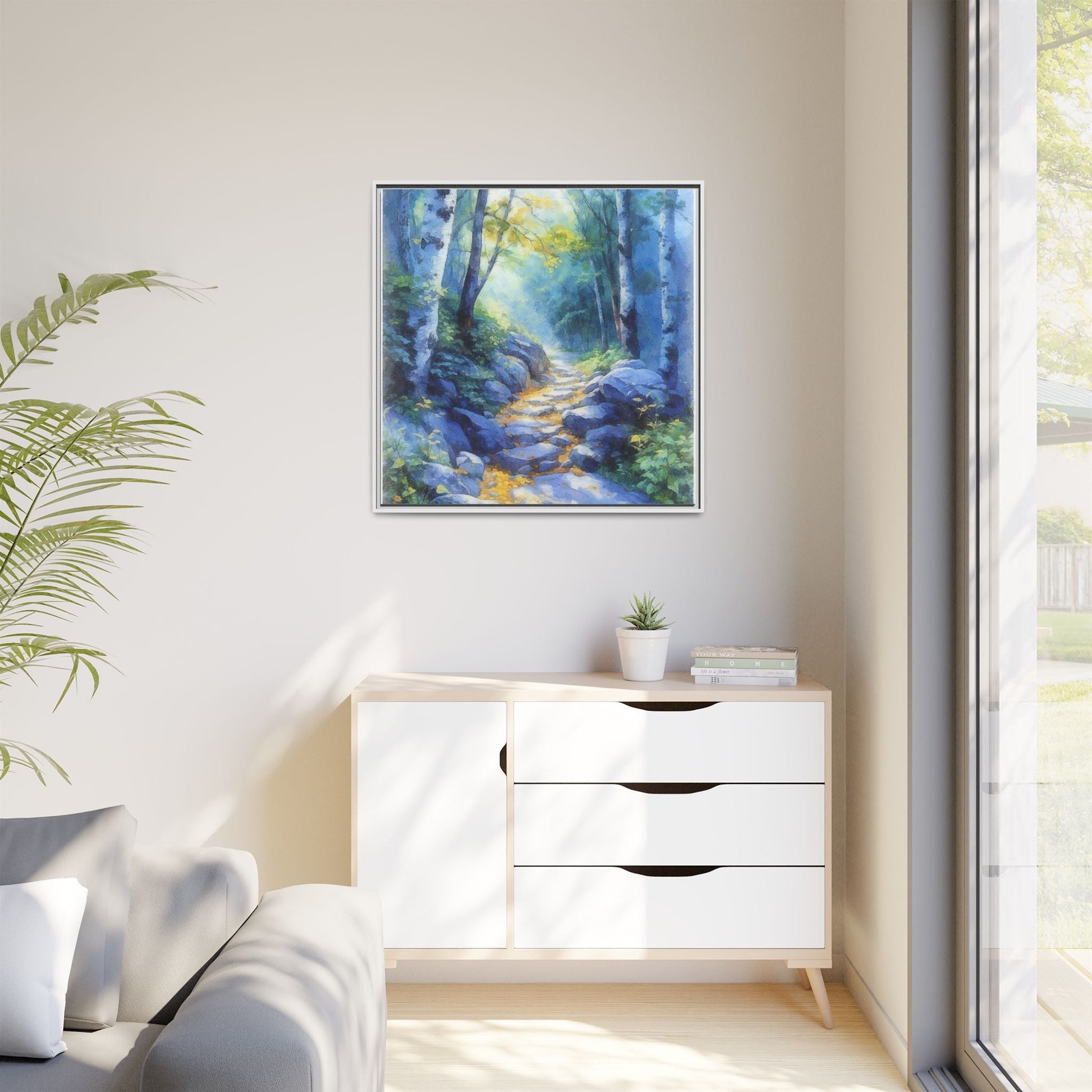 Blue Forest Path II wall art featuring a tranquil forest scene with a serene blue-toned path, printed on high-quality canvas for timeless décor.