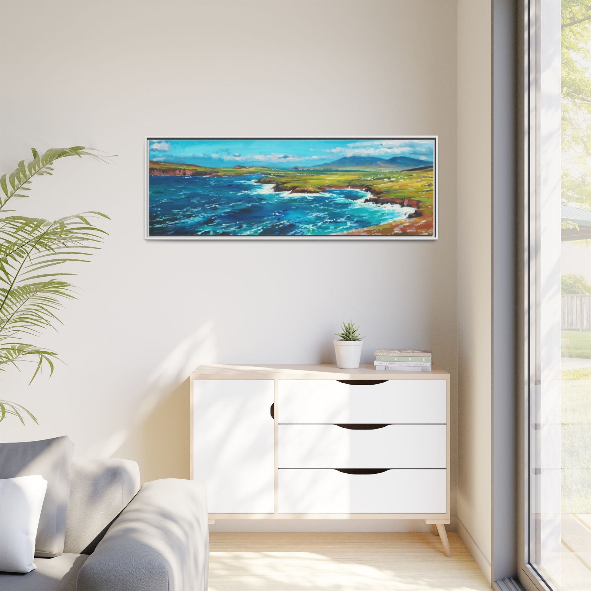 Dingle Peninsula wall art featuring a scenic view of Ireland's rugged coastline, printed on high-quality canvas with a premium frame.