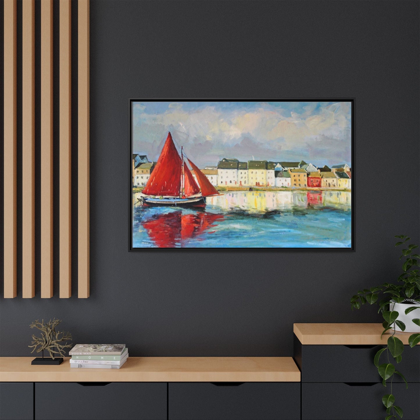 Galway Hooker Leaving Port wall art featuring a Galway Hooker boat sailing in a coastal scene, printed on high-quality canvas with a premium frame.