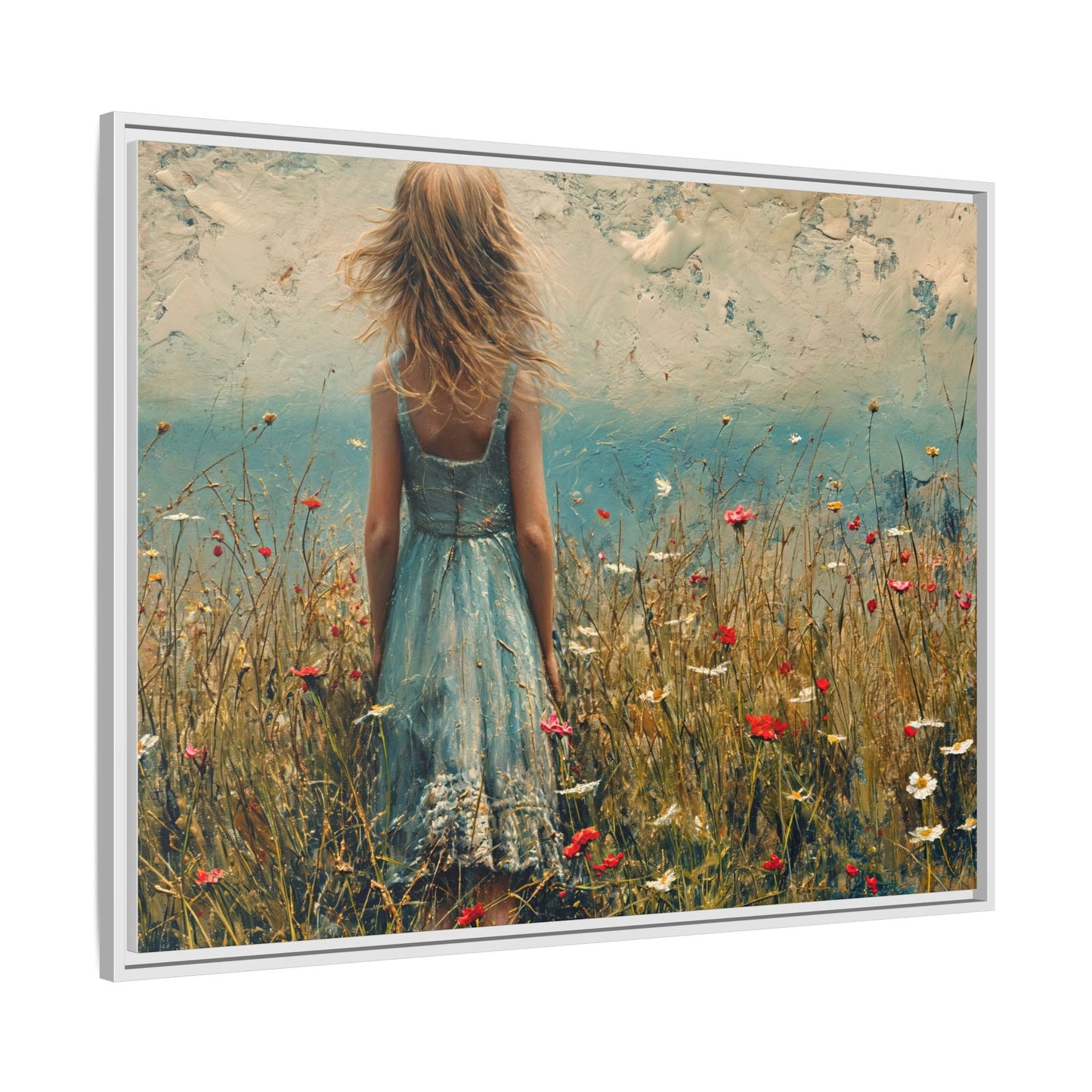 Young Girl Looking Out To Sea wall art, featuring a peaceful ocean view and a young girl in contemplation, printed on high-quality canvas for timeless décor.