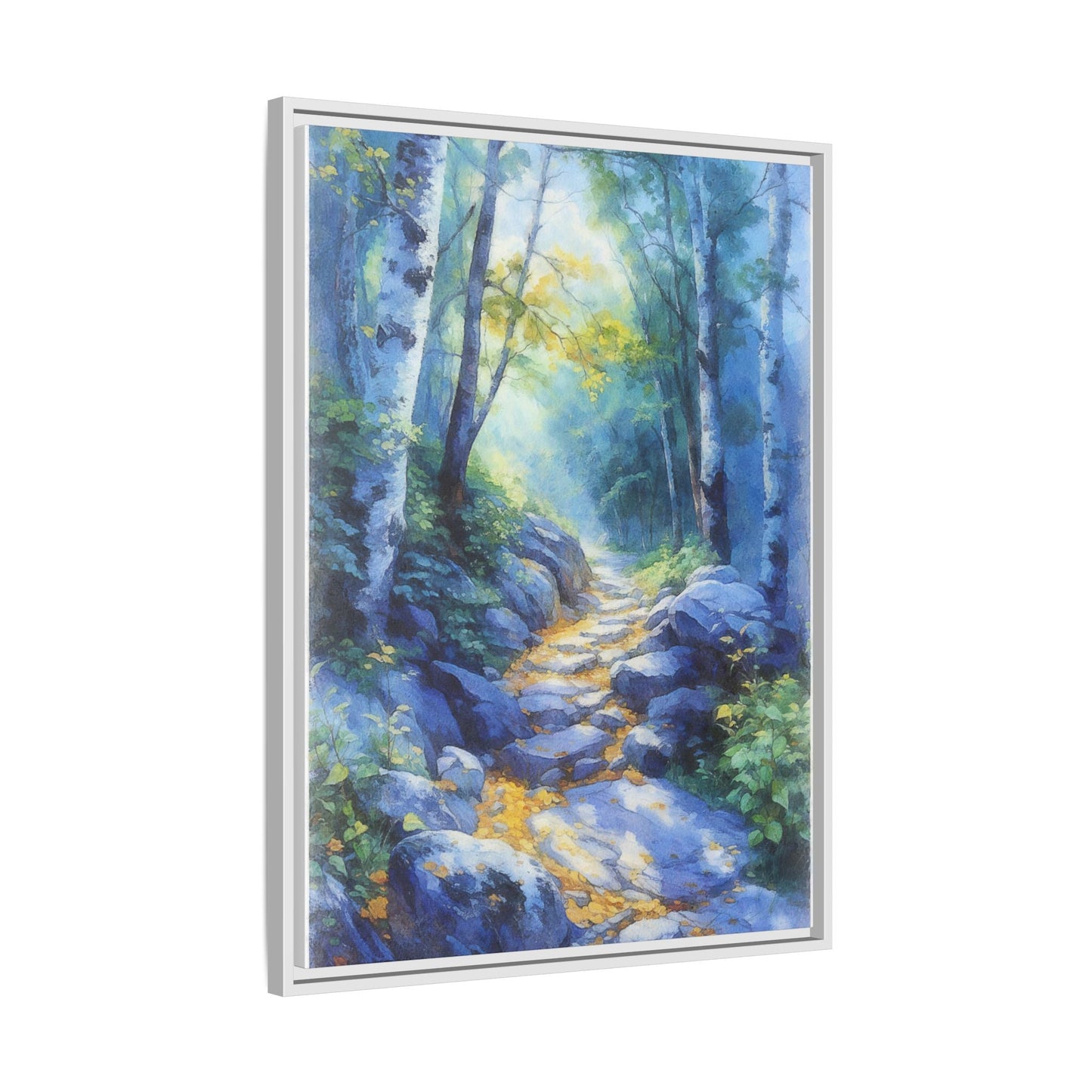 Blue Forest Path II wall art featuring a tranquil forest scene with a serene blue-toned path, printed on high-quality canvas for timeless décor.