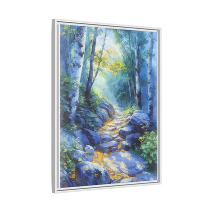 Blue Forest Path II wall art featuring a tranquil forest scene with a serene blue-toned path, printed on high-quality canvas for timeless décor.