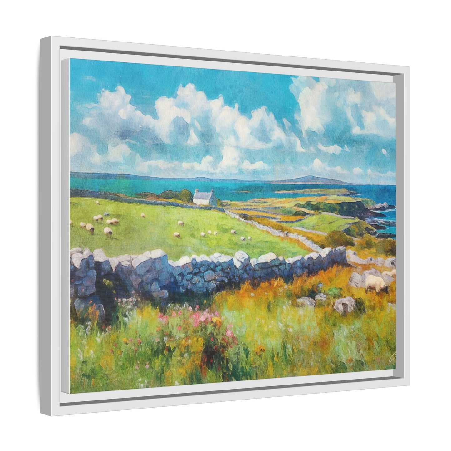 Far Flung Shores W.COL wall art featuring a serene coastal landscape, printed on high-quality canvas with a premium pinewood frame.