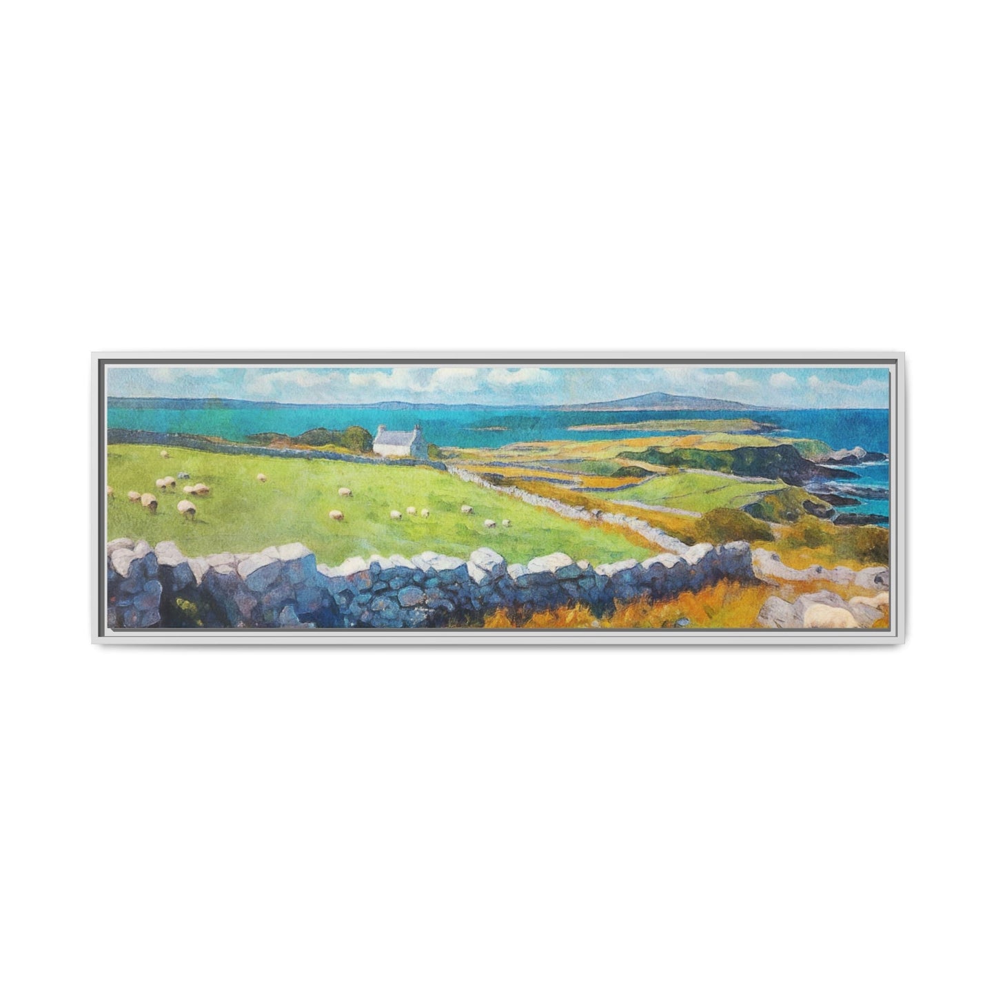 Far Flung Shores W.COL wall art featuring a serene coastal landscape, printed on high-quality canvas with a premium pinewood frame.