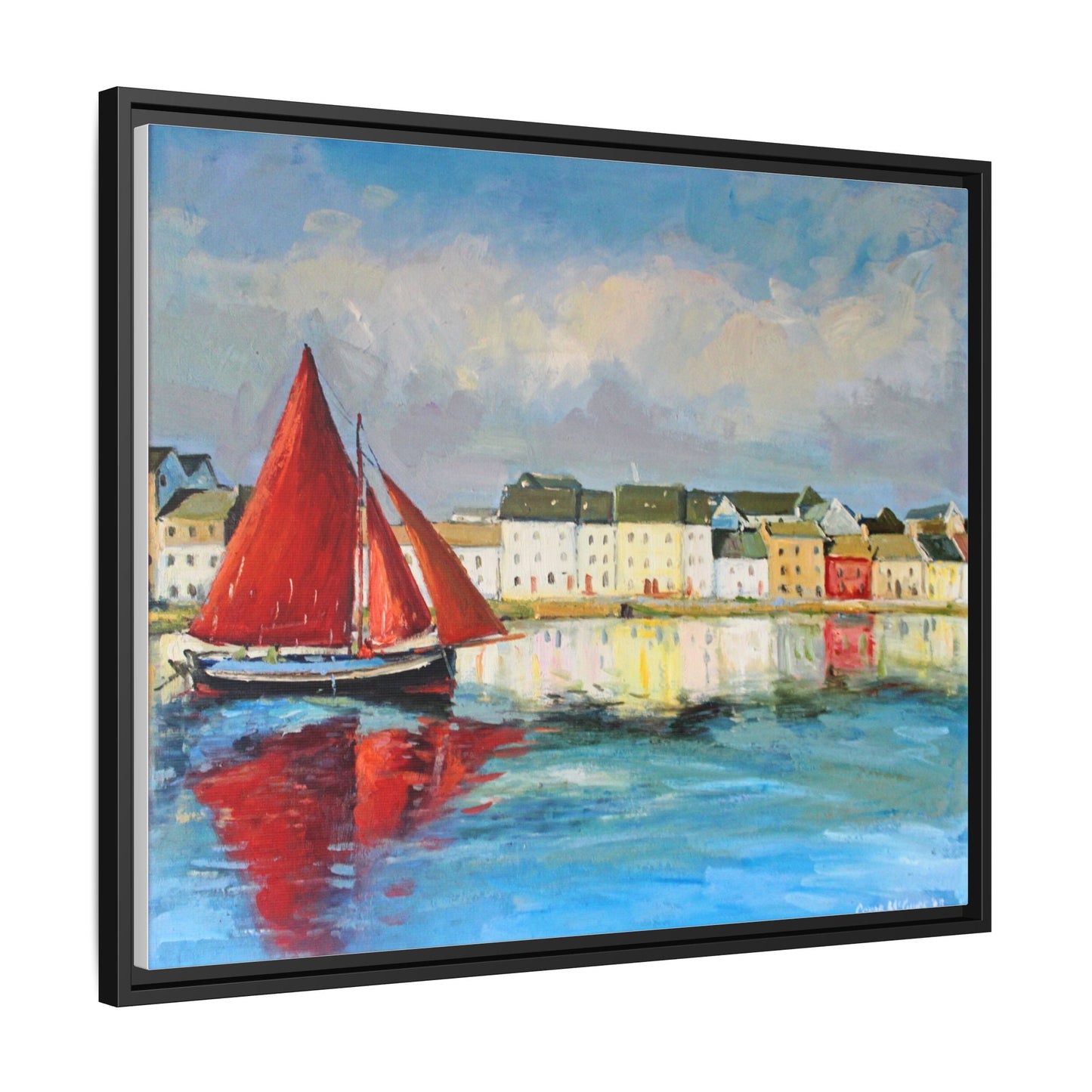 Galway Hooker Leaving Port wall art featuring a Galway Hooker boat sailing in a coastal scene, printed on high-quality canvas with a premium frame.