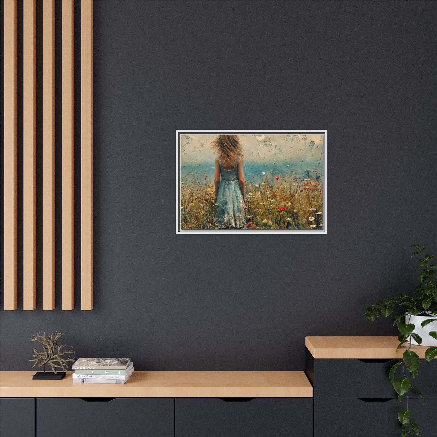 Young Girl Looking Out To Sea wall art, featuring a peaceful ocean view and a young girl in contemplation, printed on high-quality canvas for timeless décor.